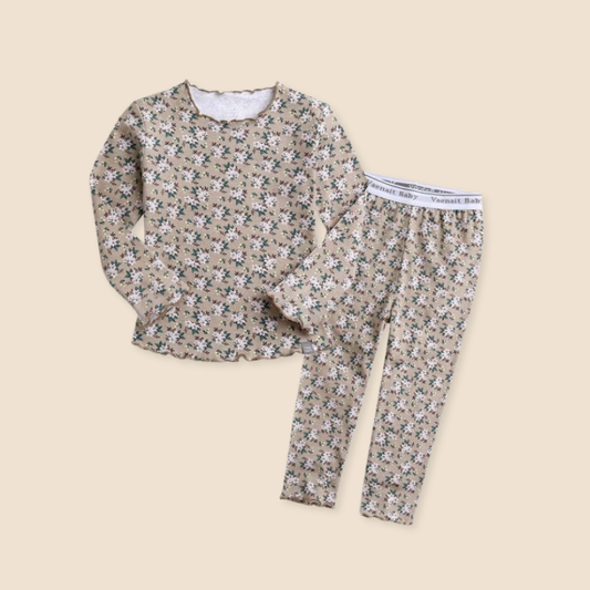 Little Girls Biege Floral Pajama Set