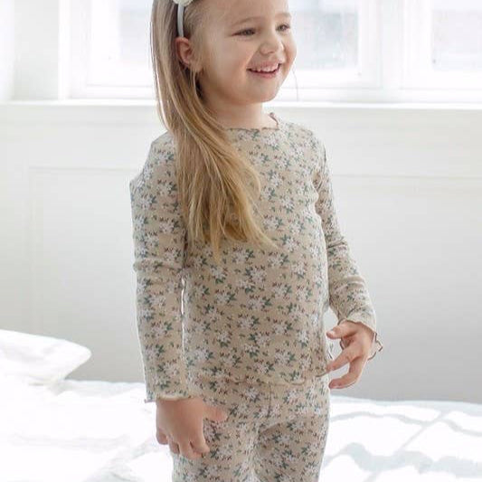 Little Girls Biege Floral Pajama Set