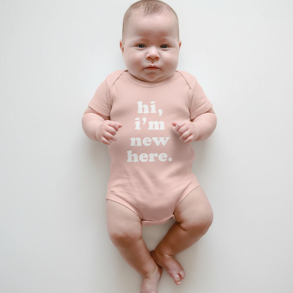 Hi, I'm New Here in Rose Organic Cotton Baby Onesie