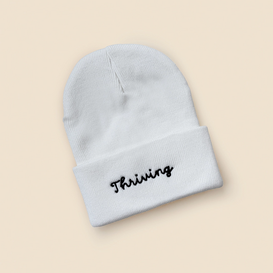 White Embroidered Thriving Beanie