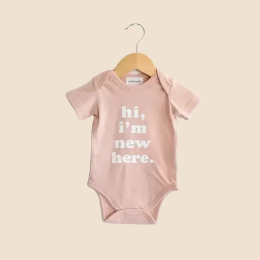 Hi, I'm New Here in Rose Organic Cotton Baby Onesie