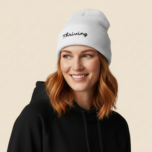 White Embroidered Thriving Beanie
